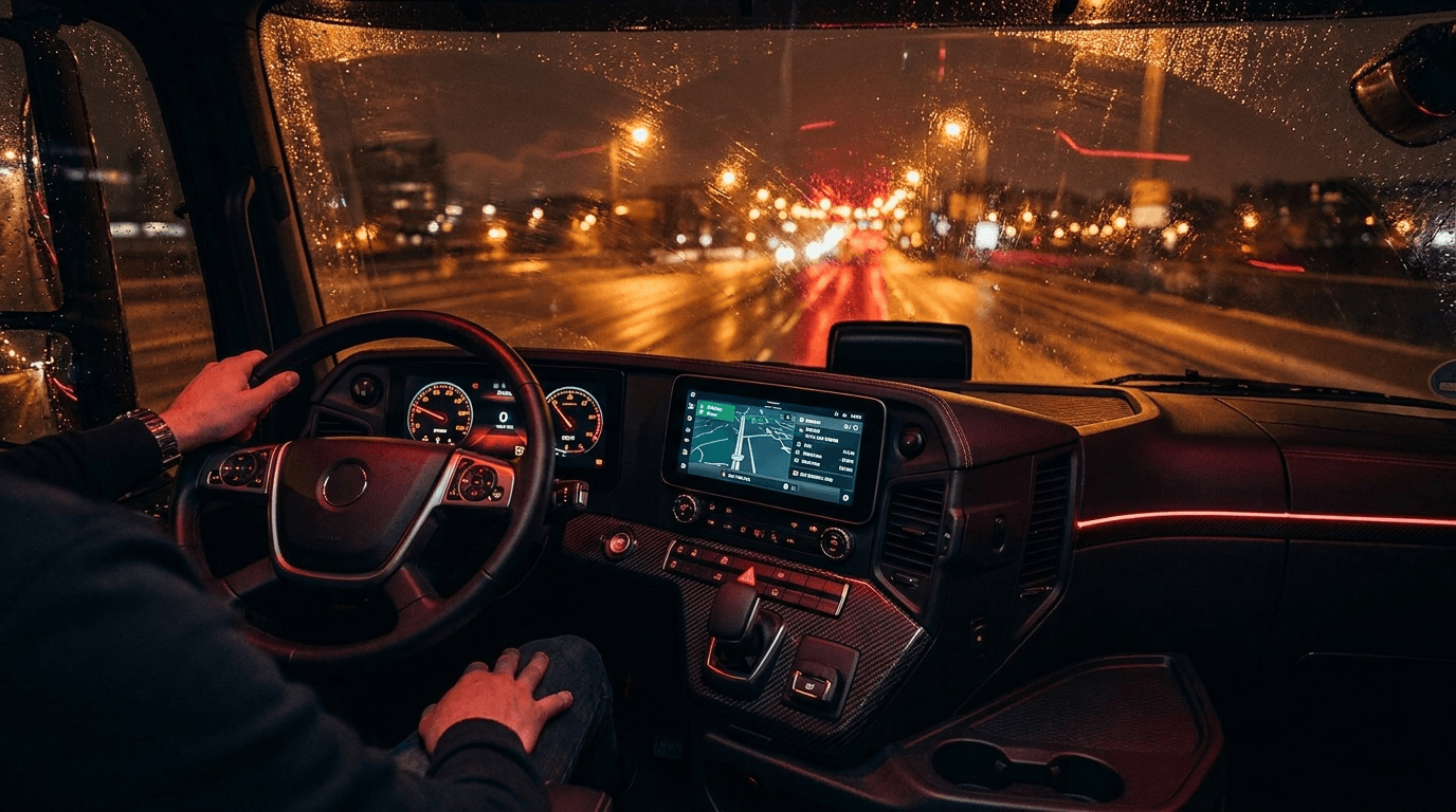 Interior of a modern semi truck cab at night with glowing dashboard and red ambient lighting