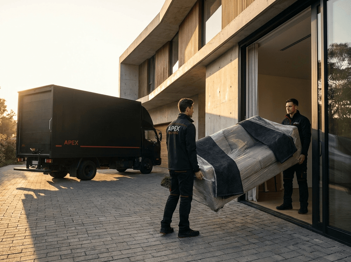 Professional Caldris moving crew in black uniforms carrying wrapped furniture from a luxury home
