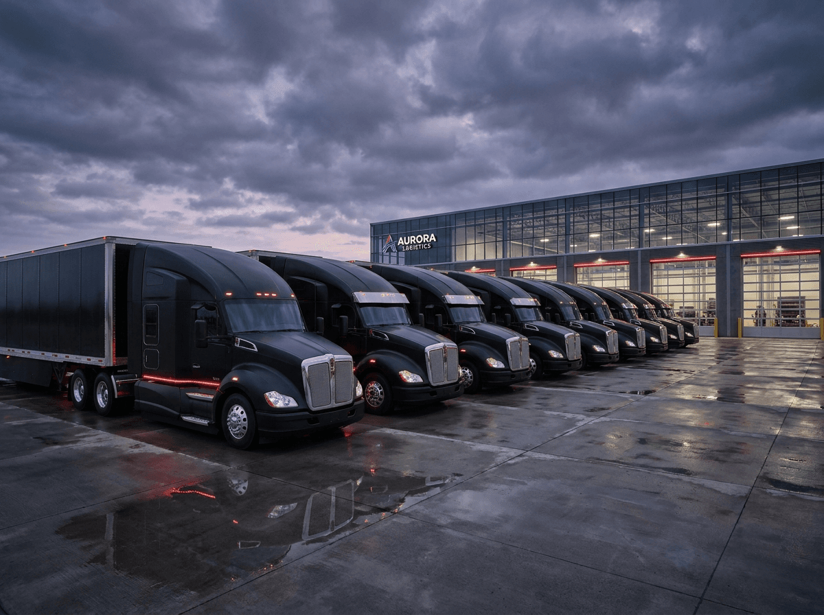 Lineup of matte black Caldris semi trucks at a modern depot at dusk