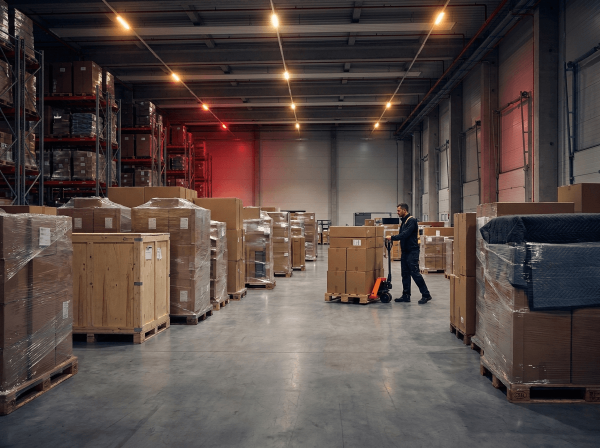 Clean modern warehouse with wrapped furniture and moving boxes at night